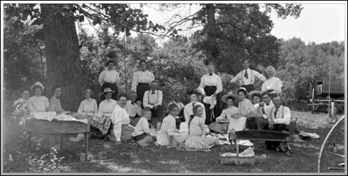 Group picnic under a tree.